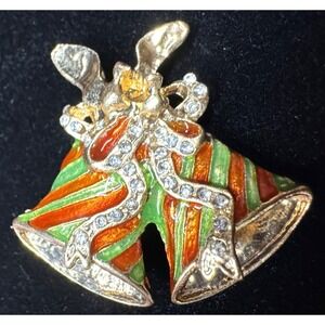 Vintage Christmas Bells Brooch Enamel Rhinestone Holiday Pin Gold Tone
